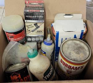 lot 245 image: BONDO BODY FILLER, WOOD GLUE, WATER PUTTY AND MORE AS SHOWN.