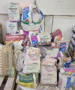 lot 277 image: LARGE LOT OF ASSORTED GROUT, TILE MORTAR AS SHOWN.