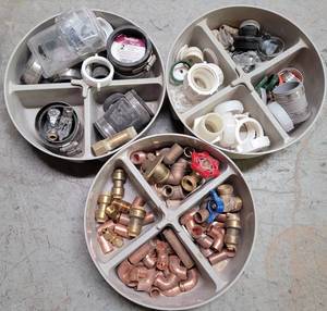 lot 313 image: LOT OF 3 ORGANIZERS WITH CONTENTS INCLUDING BRASS FITTINGS AND MORE AS SHOWN.