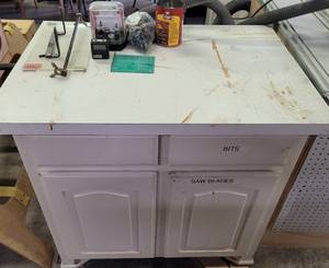 lot 351 image: WOODEN CABINET WITH CONTENTS SHOWN. APPROX. 36.5 W x 25.5 D x 36 H.