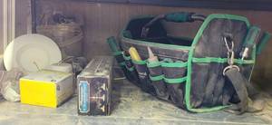 lot 381 image: TOOL CARRIER BAG WITH CONTENTS AND MORE AS SHOWN.