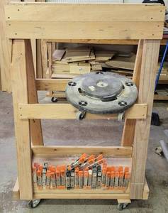 lot 414 image: SHOP MADE RACK WITH WHEELS PLUS CONTENTS SHOWN. APPROX. 36 W x 20 D x 53 H.