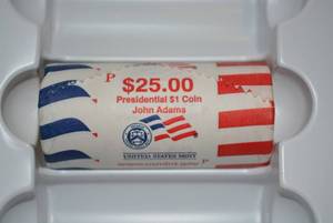 lot 163 image: 2007 US Mint $25 Roll - $1 Coin Roll of John Adams, Philadelphia Mint
