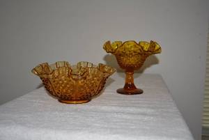 lot 238 image: Ruffle Edged Amber Glass Hobnail Bowl and Compote