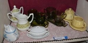 lot 84 image: Cream and Sugar Sets Indiana Glass GREEN Kings Crown Thumbprint Pattern, Meakin Set, Single Blue and White Sugar Bowl