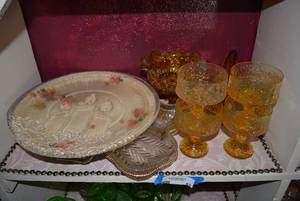 lot 57 image: Amber Glass Basket, Compote, Goblet Set and Clear Serving Trays