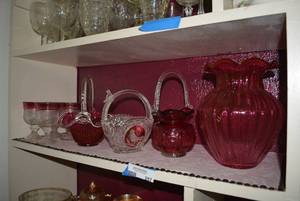 lot 257 image: 3 Cranberry and Crystal Glass Baskets, Vase and Set of 4 Goblets