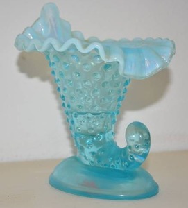 lot 235 image: Rare Vintage Fenton Glass Blue Hobnail Opalescent Ruffled Edged Trumpet Vase
