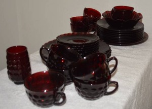 lot 230 image: Cranberry Glass 2 Sets, One is Bubble Pattern the other is smooth