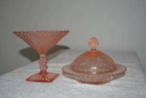lot 256 image: Pink Depression Glass Miss America compote and Butter Dish
