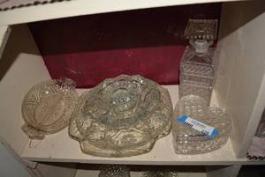 lot 226 image: Crystal Cut Glass Decanter, Heart-Shaped Candy Dish, Serving Trays and Bowls