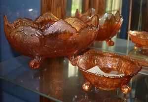 lot 64 image: Marigold Carnival Double Panther Berry Bowl, and Marigold Carnival Footed Fruit Bowl