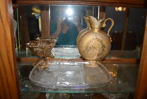 lot 61 image: Rose Design Relish Tray, Gold Regal China Decanter marked CMiller 1956- and Gold Painted Crystal Dish