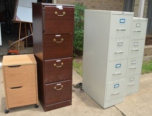 lot 95 image: 4 File Cabinets Staples, Hon, Cherry Finish Cabinet with Brass Handles, and Rolling 2-Drawer Cabinet