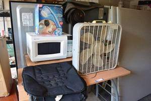 lot 98 image: Misc. Lot Box Fan, Spinning Spa Brush, Coffee Maker, Microwave (Door Doesnt Shut)