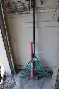 lot 125 image: Plastic Rake, Garden Shears and TrueTemper Double Edge Axe with Fiberglass Handle
