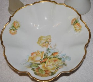 lot 58 image: Hand Painted Gold Trim Bowl with Yellow Roses, Royal Crescent China Plate, Plate from early 1900s according to tag, R&S Prussia Green Plate with Pink Roses