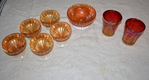 lot 68 image: Carnival Glass Pedestal Dish Set, Carnival Candy Dish, 2 Sunset Ruby Red Carnival Glasses - Hobstar And Arches Design - Fancy Iridescent Glass