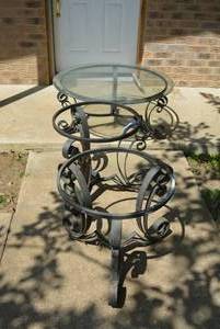 lot 138 image: Patio Tables Steel Curl Frames, Glass Top on Larger Table Only