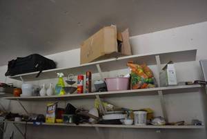 lot 131 image: Contents of Shelves Cleaning Supplies, Gardening, Lightbulbs and Suitcase