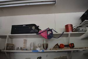 lot 127 image: Contents of Shelf and Peg Board Glassware, B&D Power Pack 12V Screwdriver, Furniture Moving Kit