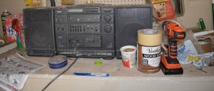 lot 128 image: Contents on Counter Stereo, Paint Cans, B&D Lithium 20V Screwdriver
