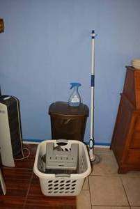 lot 23 image: Trash Can with Foot Step, Mop, Laundry Basket and Step Stool