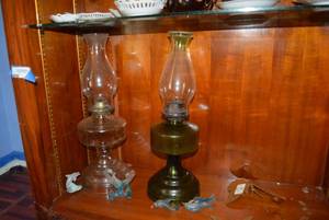 lot 37 image: Vintage Hurricane Lamps and Glass Figurines as shown