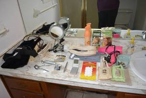 lot 187 image: Bathroom Contents Conair Hair Dryer, Hair Color, Vintage Sta-Sharp Trimmer and More