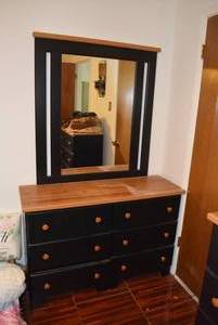 lot 90 image: Lane Furniture 6 Drawer Dresser with Mirror BlackHick Shaker Style