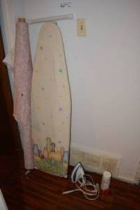 lot 199 image: Ironing Board, GE Iron, Starch Can and Tablecloth Fabric - St. Regis Rose