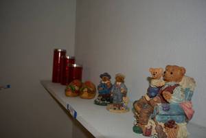 lot 203 image: Bear Figurines, Wooden Clogs stamped Holland , 3 Matching Red Votive Holders