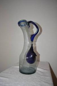 lot 228 image: Hand Blown Glass Gooseneck Carafe with Applied Cobalt Blue Handles