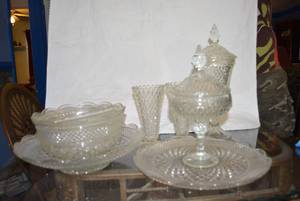 lot 225 image: Large Diamond Cut Glass Set 2 Compotes, Bowls, Butter Dish and Vases