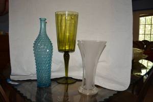 lot 243 image: Tall Vases Green Vase is 18, Blue 16, Frosted Vase 11