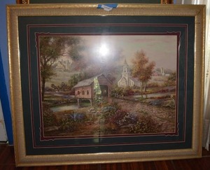 lot 41 image: Covered Bridge Landscape Print by Carl Valente, Framed and Matted