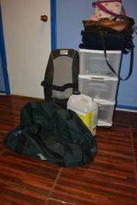 lot 43 image: Plastic 3 Drawer Storage Bin, Echobay Duffle Bag, Homedics Massage Pad, Cat Litter and More