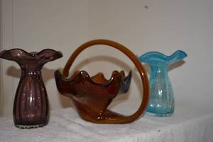 lot 8 image: Blown Glass Matching Blue and Purple Vase, Brown Art Glass with Handle