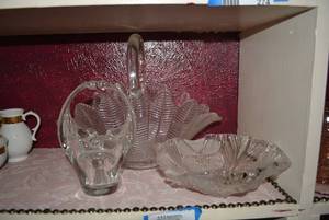 lot 275 image: Clear Glass Handled Basket, Glass Blown Basket and Flower Design Candy Dish