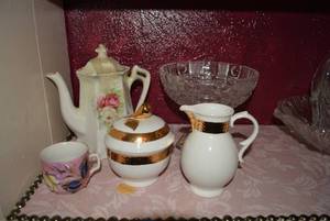 lot 276 image: German Made Lot Lead Crystal Pedestal Compote Cream and Sugar Set, Tea Pot, and Cup