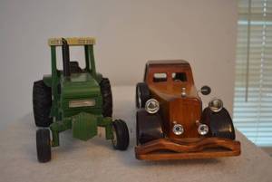 lot 267 image: Battery Operated Tractor and Wooden Car Replica