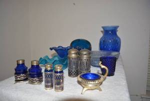 lot 273 image: Blue Glass Lot with Blue Glass and Silver Plate Salt and Pepper Shakers