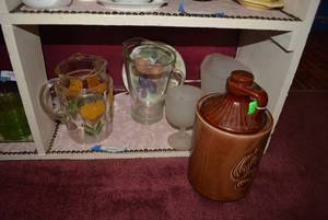 lot 282 image: Ceramic Cookie Jar, Frosted Pitcher and Goblet, Glass Pitchers