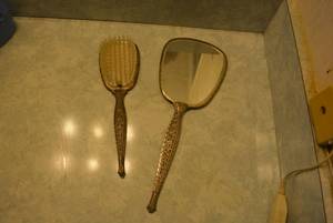 lot 295 image: Vintage Silver Plate  Handled Mirror and Brush Set, Gold Embroidery on Back