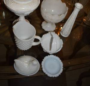 lot 222 image: White and Milk Glass Lot Small Hobnail Pitcher, Pedestal Compote with Lid, Hen Dish and More