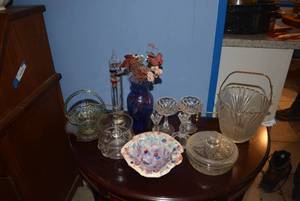 lot 297 image: Misc. Lot Glass Bucket, glass Galileo Thermometer, Indiana Blue Glass Vase and More