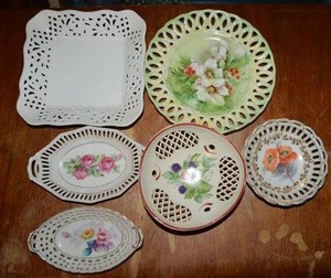 lot 272 image: Porcelain Lace Bowls and Plates Footed Bowl says Made in Russia