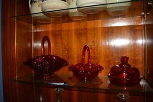 lot 34 image: Red Glass Baskets, Smith Glass Amberina Moon and Stars Covered Butter Dish, Hand Painted Porcelain Swan