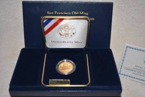 lot 3 image: 2006 San Fransisco Old Mint Commemorative Gold Coin with Certificate, Proof Gold Five Dollar Coin