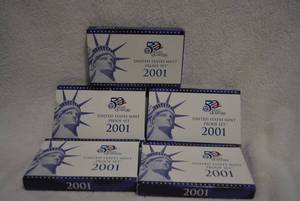 lot 330 image: 5 Sets of 2001 U.S. Mint Proof Set (Bid is times the quantity of 5)